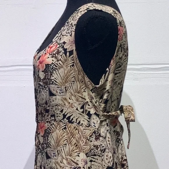 Brown and coral cool toned floral button down adjustable waist long dress - Picture 5 of 14